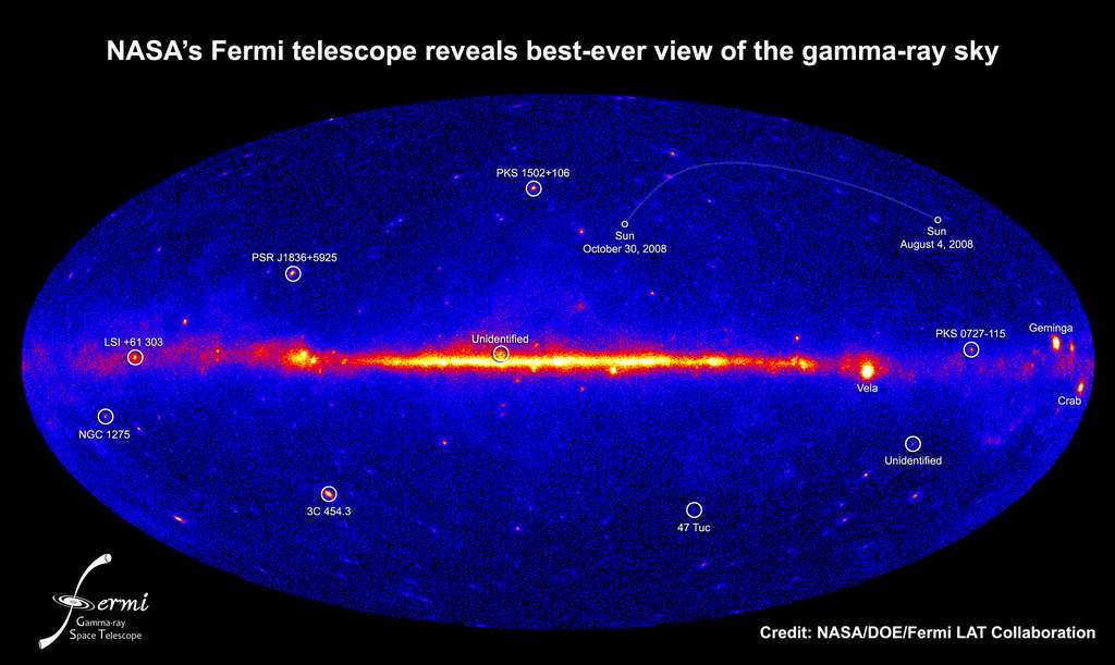 Cette image de la voûte céleste a été construite à partir de deux années d'observations de Fermi. C’est la plus précise et la plus profonde en gamma à ce jour. Elle montre comment le ciel apparaît à des énergies supérieures à un milliard d'électron-volts (1 GeV). À titre de comparaison, l'énergie de la lumière visible est comprise entre 2 et 3 d'électrons-volts. Une lueur diffuse emplit le ciel et la partie la plus brillante se trouve le long du plan de notre galaxie. Les sources de rayons gamma ponctuelles sont des pulsars et des restes de supernovae dans notre galaxie, ainsi que des galaxies lointaines rayonnant à cause de leurs trous noirs supermassifs. © Nasa