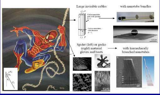 Un extrait de l'article de Nicola Pugno où l'on peut voir les structures des filaments en nanotubes nécessaires pour des bottes et des gants de Spiderman (Crédit : Nicola Pugno).
