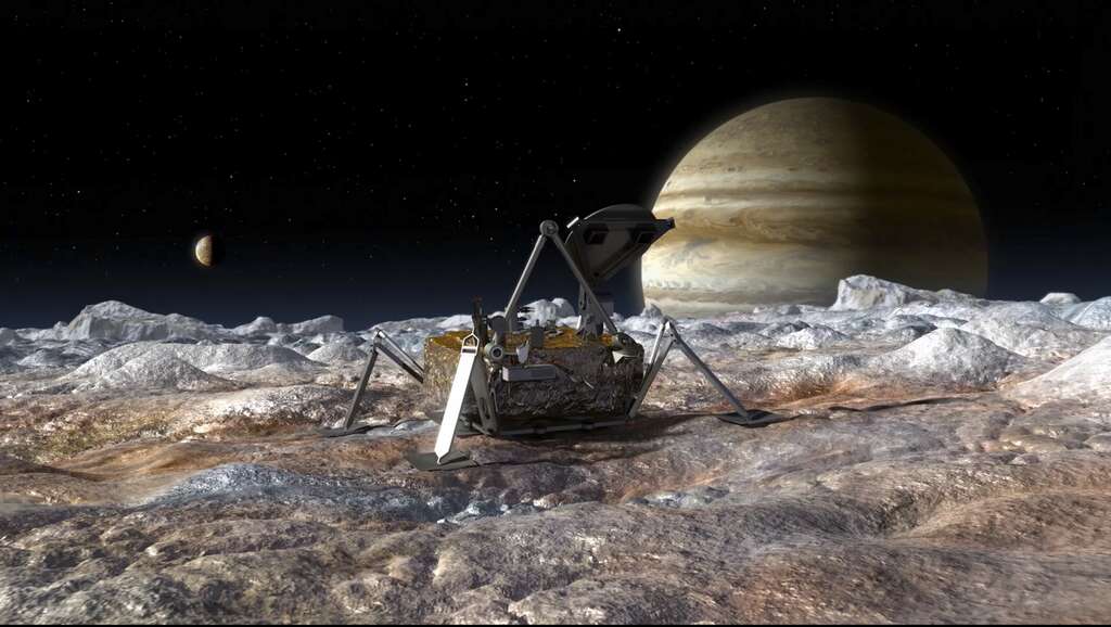 Un des concepts de lander envisagés par le JPL pour se poser sur Europe, une des lunes glacées de Jupiter dont on sait qu’elle abrite un océan souterrain. Le lander européen d'Encelade pourrait avoir un air de ressemblance à la différence majeure qu'il devra également embarquer une petite fusée pour envoyer au satellite de retour sur Terre les échantillons de la surface et sous-surface d'Encelade. © Nasa, JPL-Caltech