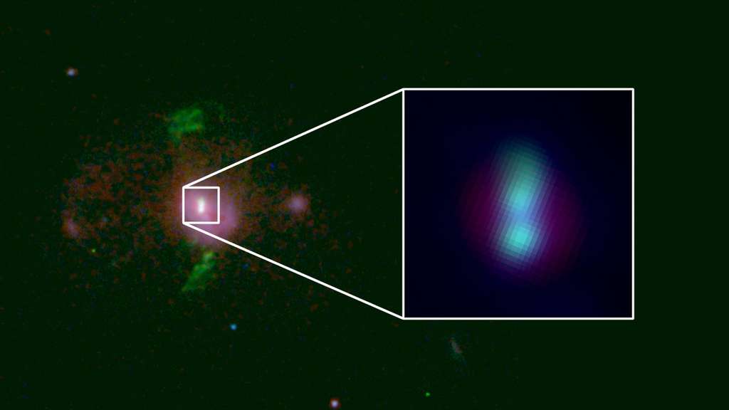 Environ 1.300 années-lumière seulement séparent les deux trous noirs supermassifs logés au centre de deux galaxies en train de fusionner à 2,5 milliards d’années-lumière. © Andy Goulding et al.,Astrophysical Journal Letters 2019