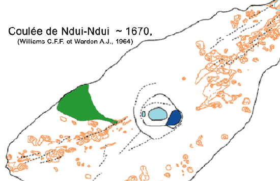 La dernière grande manifestation éruptive remonte à plus de 300 ans avec la coulée de Ndui-Ndui issue des ouvertures fissurales sur le flanc ouest à 1000 m d'altitude. © (Williams C.E.F. et Warden A.J., 1964)