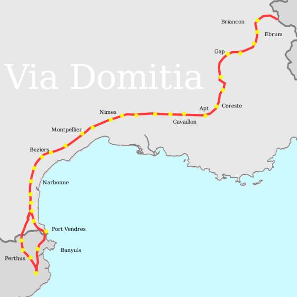 Carte de la voie Domitienne. © T L Miles, Wikimedia Commons
