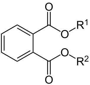 Les phtalates se construisent selon ce modèle : deux chaînes carbonées (R1 et R2) sont liées à une molécule d'acide phtalique. Toutes les molécules de la famille n'induisent pas le même effet. © Jü, Wikipédia, DP
