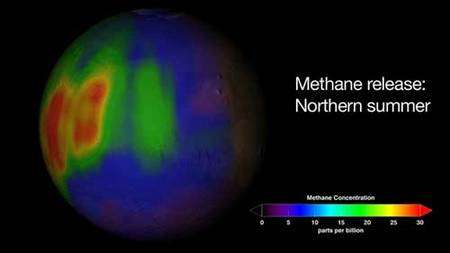Une carte des suintements de méthane et de la répartition des émissions. La concentration de méthane atmosphérique est de plus en plus importante en passant du violet au rouge. Il s'agit de parties par milliard. Crédit : Trent Schindler/Nasa