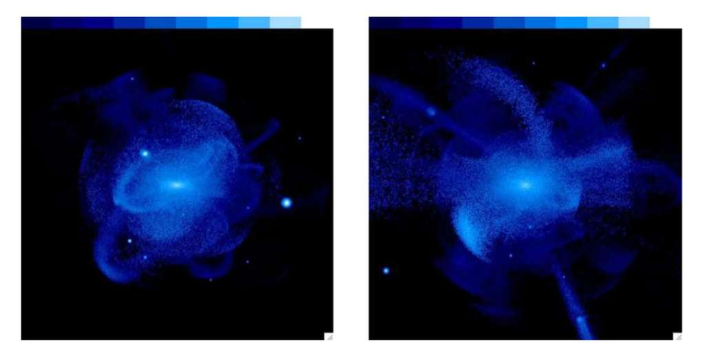 Résultats de la simulation des fusions entre petites galaxies satellites et galaxie principale centrale. La palette d’intensité bleue montre la densité d’étoiles dans le halo de la galaxie centrale. © D’après Bullock & Johnston, The Astrophysical Journal, 2005