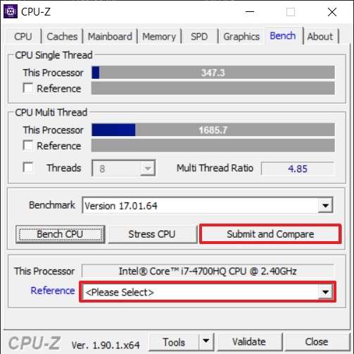 En fin de benchmark, CPU-Z permet de comparer les résultats avec d’autres références préenregistrées et même en ligne. © CPUID