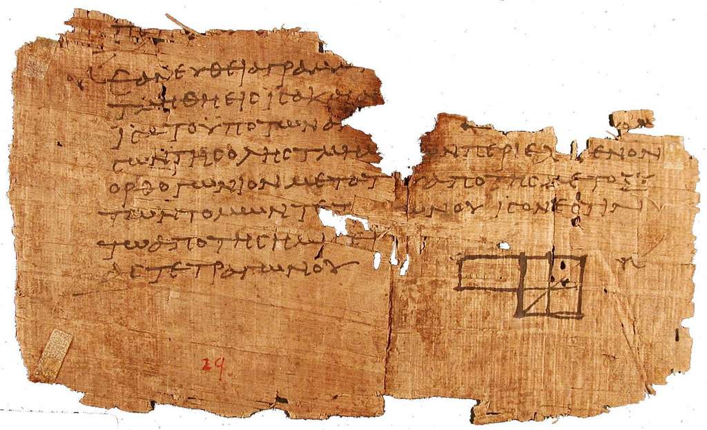 Un des plus anciens fragments des Éléments d'Euclide qui nous soit parvenu, découvert à Oxyrhynque, et qui daterait d'entre 75 et 125 AC. Nous ne disposons pas de plus d'un pour cent du texte d'Euclide, dans des sources antérieures à la fin du IXe siècle. © DP