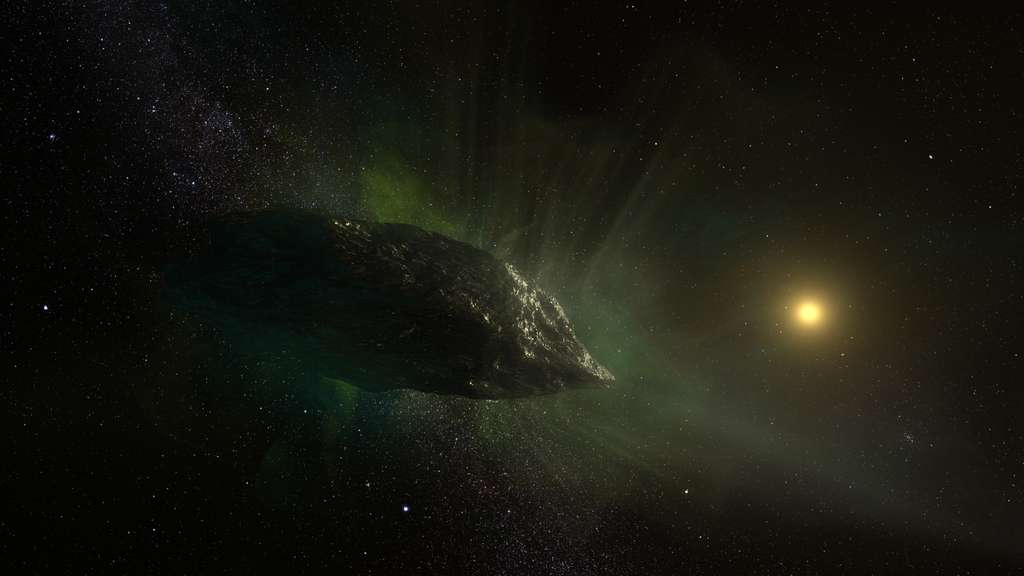 Vue d'artiste de la comète interstellaire 2I / Borisov lors de son voyage à travers notre système solaire. Ce mystérieux visiteur des profondeurs de l'espace est la première comète d'une autre étoile identifiée de manière concluante. La comète se compose d'une agglomération lâche de glaces et de particules de poussière. Du gaz est éjecté de la comète à l'approche du Soleil et se réchauffe. © NRAO/AUI/NSF, S. Dagnello 