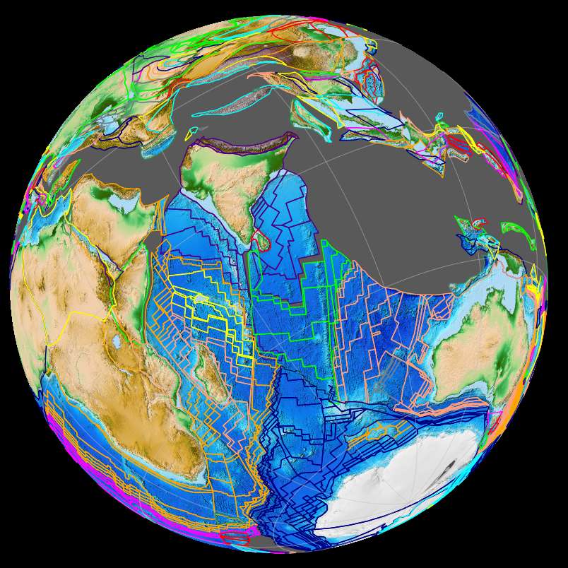 Remontée rapide de l'Inde vers le nord, en lien avec la subduction de l'océan Téthys au nord et de l'expansion de l'océan Indien au sud. © Fama Clamosa, Wikimedia Commons, CC by-sa 4.0