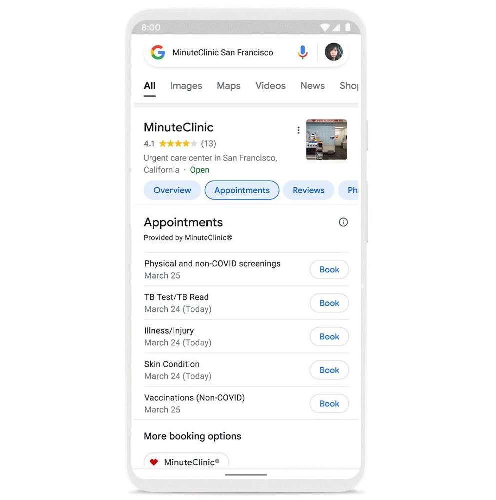 Sur mobile ou ordinateur, Google donne la possibilité de prendre directement rendez-vous qu'il s'agisse d'une simple consultation ou d'un examen médical. © Google