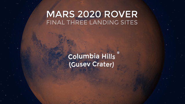 Le rover Mars 2020 sera chargé de rechercher d’éventuelles traces de vie sur Mars. Voici les trois sites retenus pour son atterrissage prévu en février 2021. © Nasa