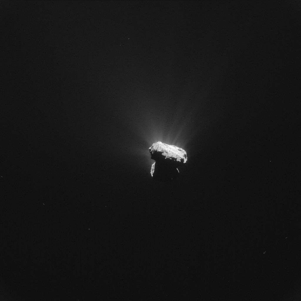 Le noyau de Tchouri photographié par la caméra de navigation (NavCam) de Rosetta, le 13 août 2015, à 1 h 04 TU soit juste une heure avant que la comète atteigne le point de son orbite le plus du Soleil (périhélie). L’orbiteur était à 327 km de l’astre bilobé. La résolution est de 28 m/pixel. © Esa, Rosetta, NAVCAM – CC BY-SA IGO 3.0