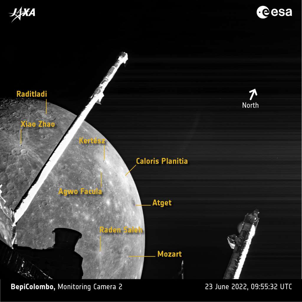 Image annotée des principaux reliefs visibles à la surface de Mercure. © ESA, BepiColombo, MTM, CC by-sa 3.0 IGO