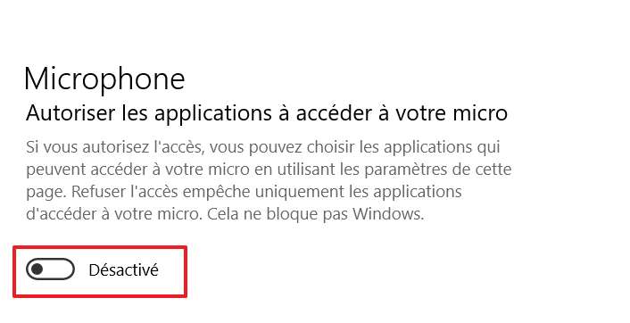 Le curseur doit être déplacé de manière à ce que le microphone soit désactivé pour toutes les applications. © Microsoft