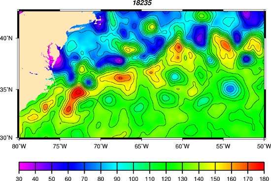 Fig. : 8 - Les tourbillons du Gulf Stream mesurés par altimétrie(Topex/Poseidon et ERS 1) en décembre 1999. Les différences de hauteur sont exprimées en cm.