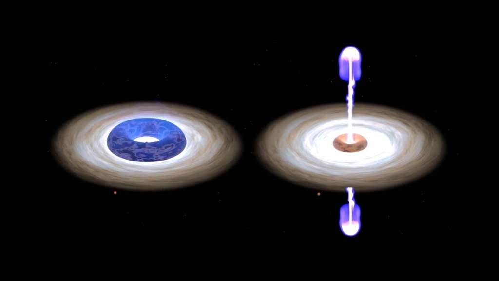 À gauche, la couronne de plasma qui se forme autour du trou noir lorsqu’il accrète de la matière et à droite, le jet de matière qui finit par s’échapper de ses pôles. © Mendez et al., Université de Groningue