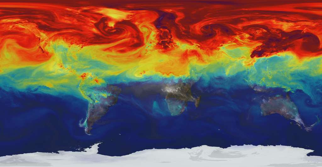 Un modèle établi par les chercheurs montre comment les gaz à effet de serre comme le dioxyde de carbone (CO2) fluctuent dans l’atmosphère terrestre tout au long de l’année. Ici, un pic dans l’hémisphère nord à la fin de l’hiver 2006. Les concentrations les plus élevées apparaissent en rouge. © Scientific Visualization Studio, Nasa