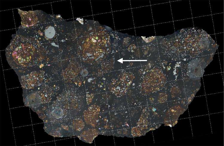 LaPaz Icefield 02342, nommée d'après son lieu de découverte en Antarctique, est une météorite primitive qui s'est formée à l'aube de l'histoire de notre Système solaire. Cependant, la météorite LaPaz, que l’on voit ici en fine section sous une lumière polarisée, contient une surprise scientifique : un fragment riche en carbone des blocs de construction à partir desquels se sont formées les comètes. Une flèche indique le fragment cométaire. © Carles Moyano-Cambero