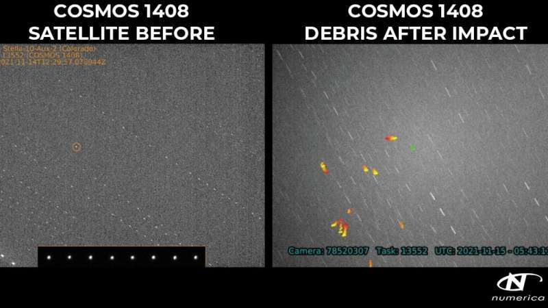 Le satellite Kosmos 1408 avant et après le tir Asat russe en novembre 2021. On ne voit que quelques débris parmi les milliers d'autres. © Numerica Corp.