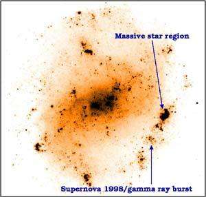 Image réalisée en 2001 par le Télescope Spatial de la galaxie ESO-184-G82, dans laquelle a été observé un sursaut gamma en 1998. L'image montre que la position du sursaut gamma, (accompagné d'une supernova) est située à 3000 années-lumière de la région contenant les étoiles massives.