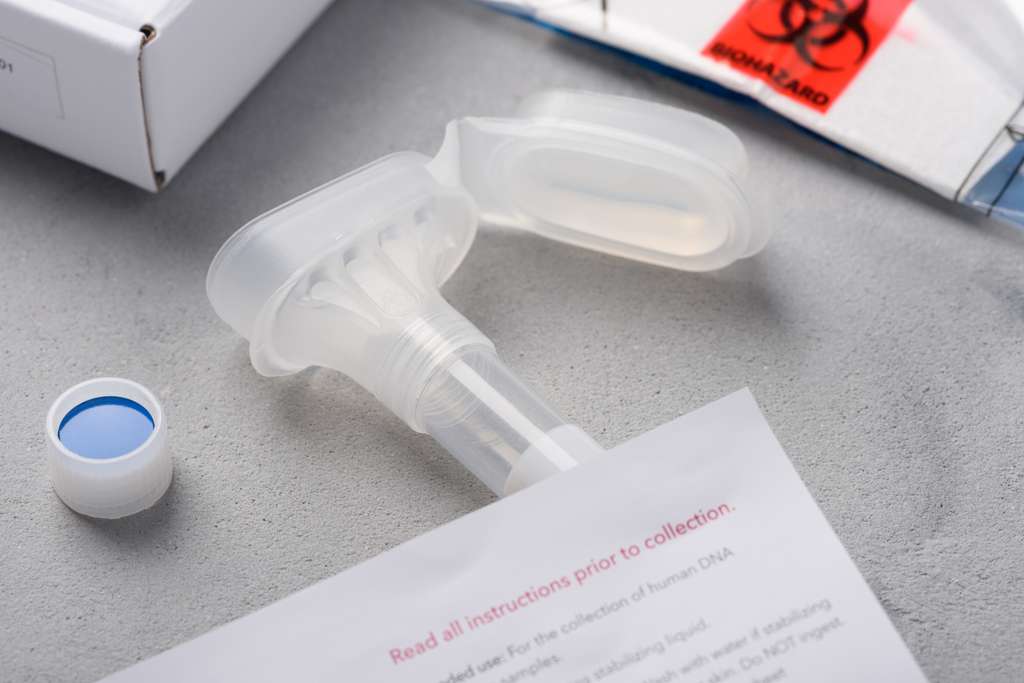 Exemple d'un tube stérile pour prélever la salive. © Dmytro S, Adobe Stock