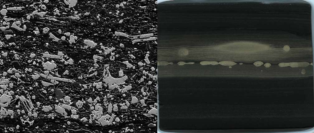 La microscopie électronique a révélé que les schistes du mont McRae sont constitués d’éclats de verre volcanique (gris clair, à gauche). Ceux-ci pourraient être une source du molybdène supposé concentré dans l’intervalle de « bouffées d’oxygène ». Mais en réalité arrivé là lors d’événements ultérieurs d’écoulement de fluide. Ces événements sont enregistrés dans la pyrite minérale fer-soufre au sein du schiste gris foncé de l’intervalle de « bouffées d’oxygène ». L’image de droite montre à la fois des nodules ronds formés tôt avec des halos diffus et des lignes parallèles de minuscules cristaux qui se sont formés lors de l’écoulement ultérieur du fluide. © Slotznick et al., Science Advances