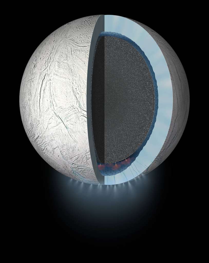 On soupçonne que de la vie puisse se développer dans l’océan global caché sous la croûte glacée d’Encelade, lune de Saturne, mais aussi que des traces de vie soient détectables dans ses geysers. © Nasa/JPL-Caltech