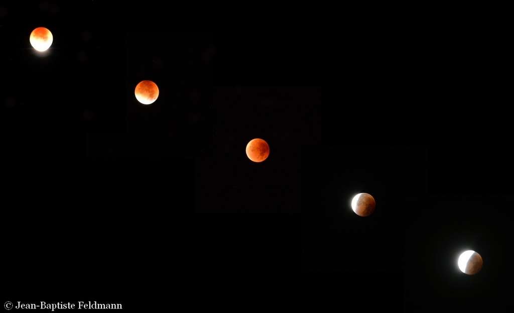 Une série d'images, à lire de gauche à droite, montrant la traversée de l'ombre de la Terre par la Lune. © Jean-Baptiste Feldmann