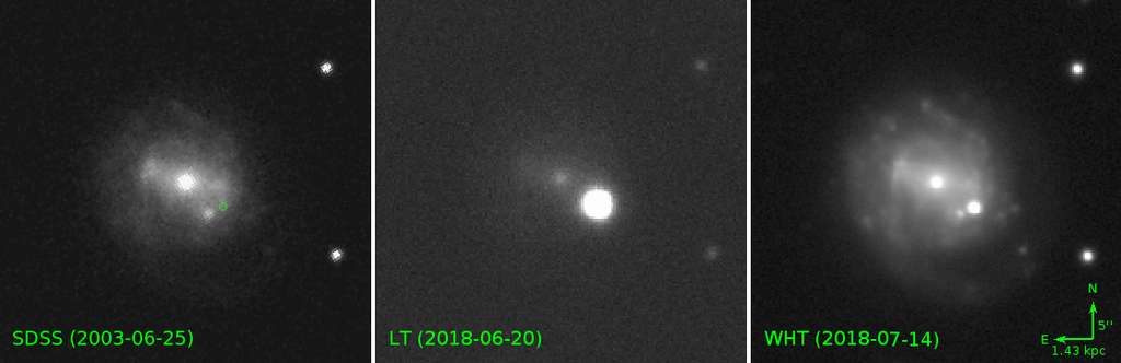 Des astronomes utilisant des observatoires au sol ont suivi la progression d'un événement cosmique surnommé « la Vache », comme le montre cette image. À gauche : le Sloan Digital Sky Survey, au Nouveau-Mexique, a observé la galaxie hôte CGCG137-068 en 2003, la Vache n'étant nulle part en vue. Le cercle vert indique l'emplacement où la Vache est finalement apparue. Au centre : le télescope de Liverpool, situé dans les îles Canaries, en Espagne, a observé la Vache presqu'à sa luminosité maximale, le 20 juin 2018, alors qu’elle était beaucoup plus lumineuse que sa galaxie hôte. À droite: le télescope William Herschel, également aux îles Canaries, a pris une image haute résolution de la Vache près d'un mois après avoir atteint son maximum de luminosité, lorsqu'elle s'est estompée et que la galaxie hôte est redevenue visible. © Daniel Perley, Liverpool John Moores University
