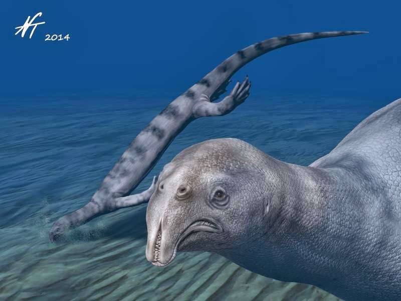 Représentation d’Atopodentatus unicus, le fossile découvert en Chine. Sa bouche est tout à fait particulière et ses dents, très nombreuses, servaient probablement de filtre. Au second plan, un individu est représenté en train de chercher des petits animaux dans le sable. Mais il ne s'agit que d'une hypothèse. © Nobu Tamura, cc by nc nd 3.0
