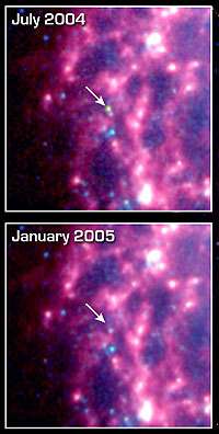 En comparant ces deux clichés, on constate que de la poussière visible en juin 2004 ne l'est plus en janvier 2005 (Crédits : NASA/JPL-Caltech/B.E.K. Sugerman (STScI)) En comparant ces deux clichés, on constate que de la poussière visible en juin 2004 ne l'est plus en janvier 2005 (Crédits : NASA/JPL-Caltech/B.E.K. Sugerman (STScI))