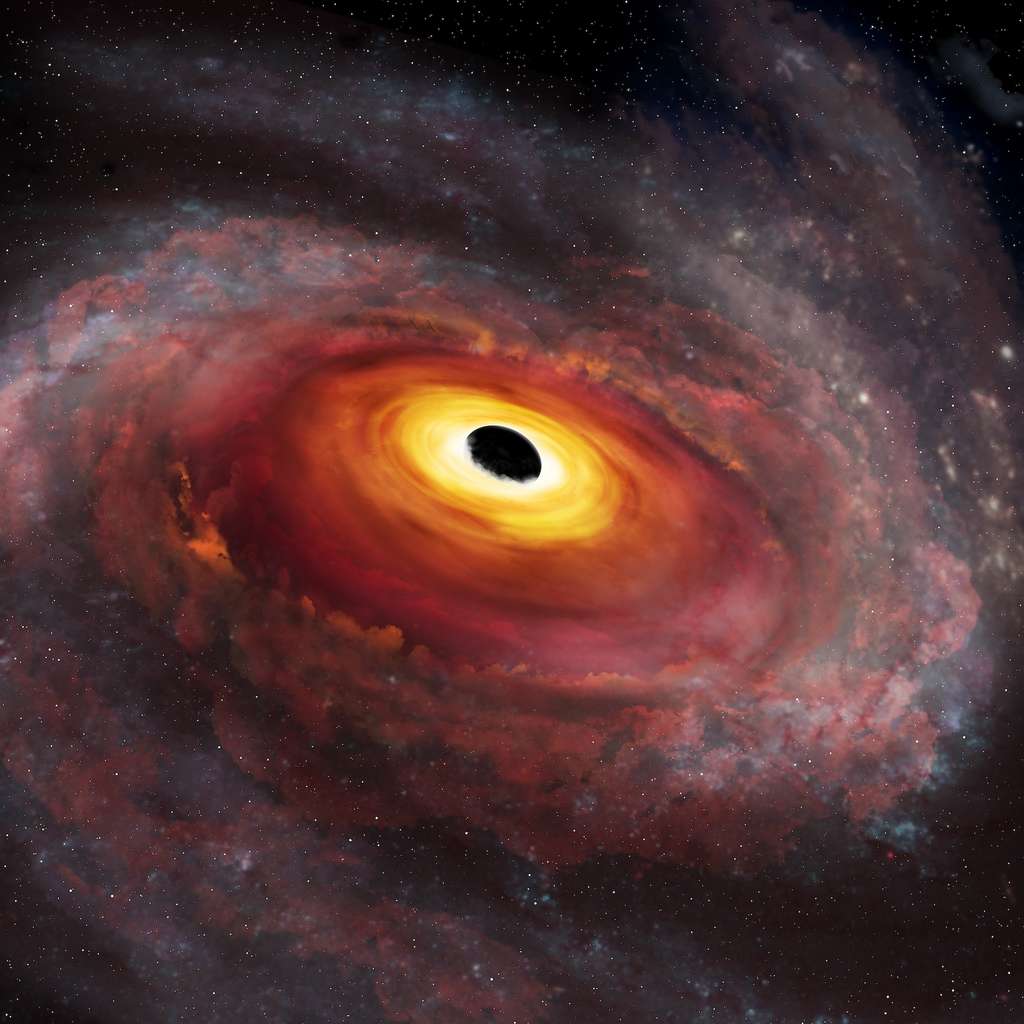 Cette vue d’artiste montre la partie centrale de la galaxie hôte du quasar SDSS J135246.37+423923.5 vu aux longueurs d’onde infrarouges. Le vent qui en émane est transparent à ces longueurs d’onde. De quoi offrir une vue dégagée sur le quasar. © International Gemini Observatory/NOIRLab/NSF/AURA/P. Marenfeld