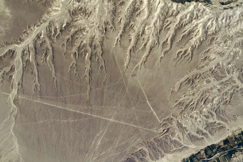 D'ici, difficile de dire à quoi correspondent toutes ces lignes qui fissurent la Terre dans le désert de Nazca au Pérou. Appelées lignes de Nazca, elles correspondent à de grandes figures tracées au sol. © ESA, Nassa, T. Pesquet