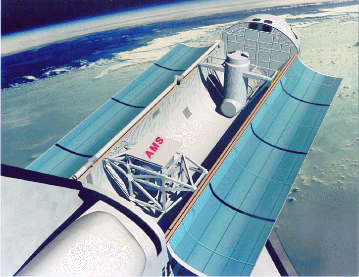 Dessin de l'expérience AMS-01 à bord de la navette spatiale pour le vol-test en 1998.