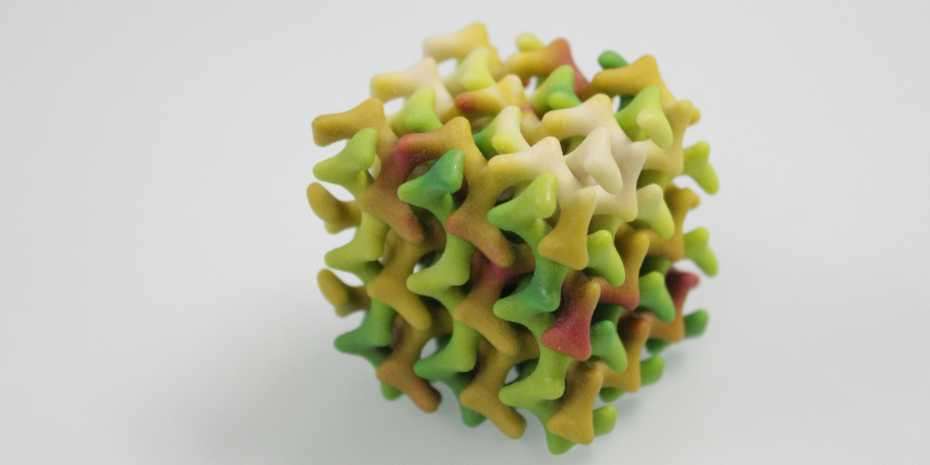 Pour imaginer cette nouvelle classe de lipides, les chercheurs de Zurich (Suisse) ont pris appui sur des bactéries qui produisent aussi des lipides autoassembleurs capables de confiner l’eau pour leur permettre de survivre dans des environnements froids. Ici, un modèle en 3D de leur mésophase lipidique au motif cubique. © Peter Rüegg, ETH Zurich
