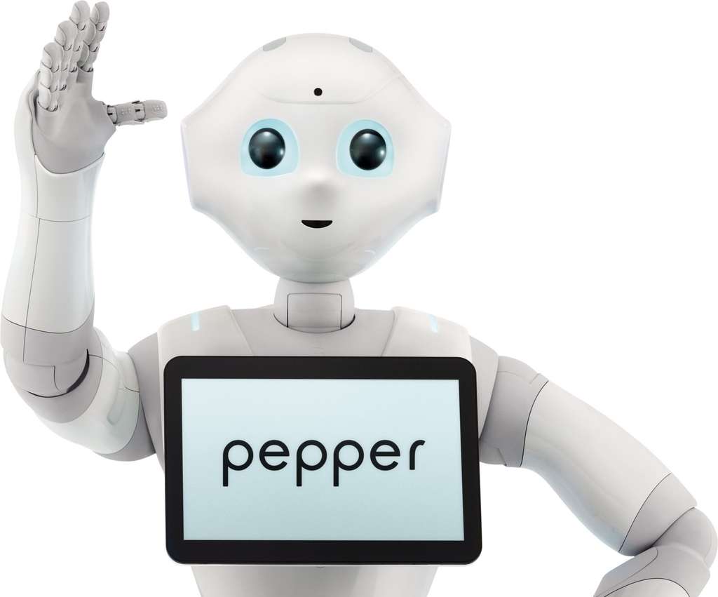 Pepper est lui aussi un robot personnel, capable de reconnaître des émotions sur les visages des humains qui le côtoient. Il sait aussi mener une conversation et même danser. © Aldebaran Robotics, SoftBank