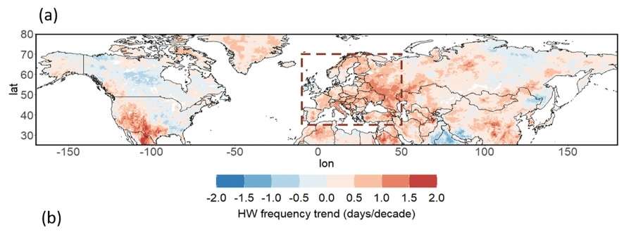 En rouge, les pays touchés par le plus grand nombre de jours de chaleur anormale en juillet-août entre 1979 et 2020. © Nature Communications