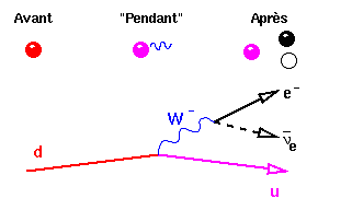 Exemple de désintégration d'un quark d (en rouge) en un quark u (en magenta) avec émission d'un W- (en bleu) qui se matérialise en un électron (en noir) et un antineutrino électronique (en blanc). Le temps va de la gauche vers la droite. © DR
