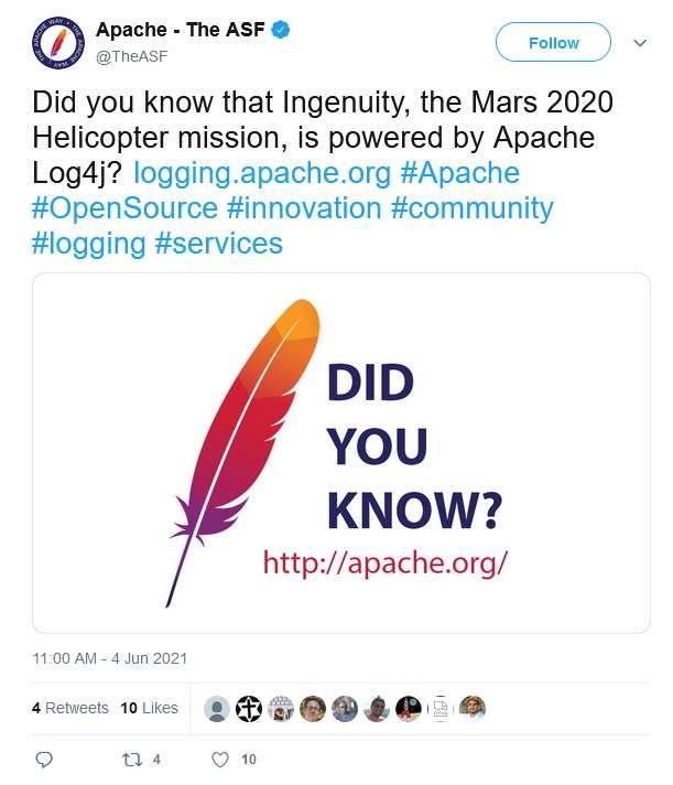 Le fameux tweet de la fondation Apache qui a lancé les rumeurs sur la vulnérabilité d’Ingenuity. Il a depuis été effacé. © @TheASF