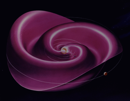 Une représentation de la couche de courant héliosphérique On remarque sa structure en spirale, due à la rotation du Soleil sur lui-même. (Auteur Werner Heil/Nasa, domaine public)