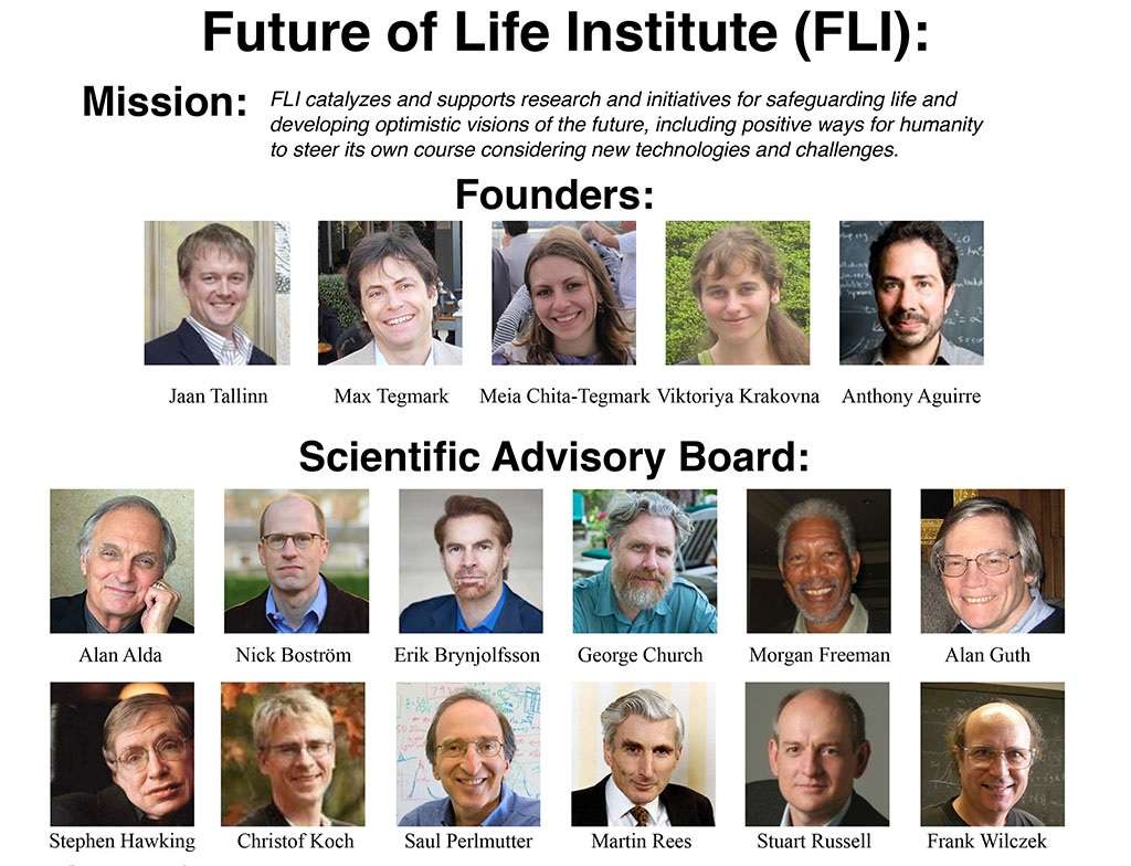 Le FLI est composé de membres prestigieux comme les prix Nobel de physique Saul Perlmutter et Frank Wilczek, l'inventeur de Skype, Jaan Tallinn, ou encore le généticien George Church, pionnier de la génomique et de la biologie synthétique. © 2014 The Future of Life Institute