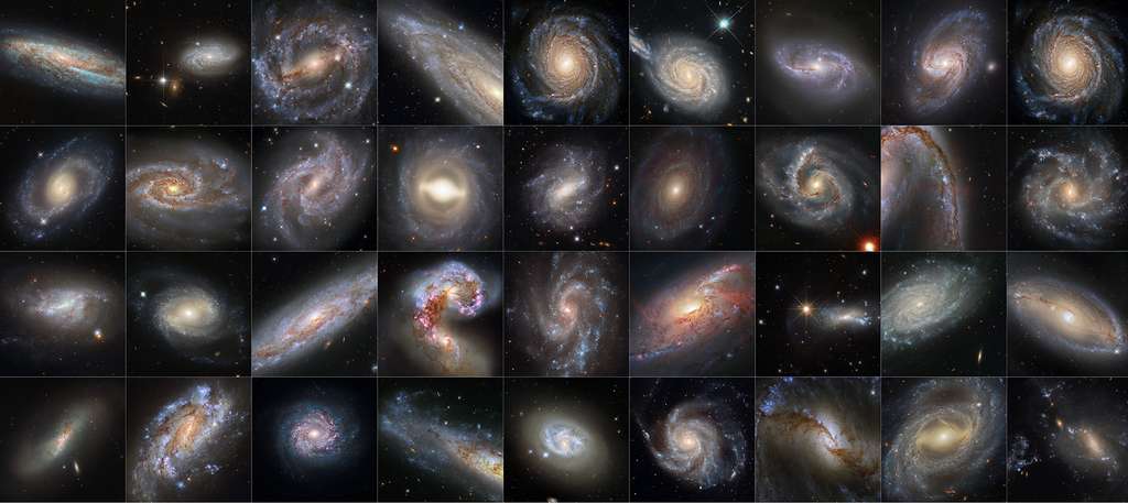 Ici, la collection des 36 images de galaxies obtenues par le télescope spatial Hubble qui sont à la fois hôtes de céphéides et de supernovae permettant d’évaluer précisément leur distance à la Terre. De quoi déduire une valeur affinée de la constante de Hubble, le taux d’expansion de notre Univers. © Nasa, ESA, Adam G. Riess (STScI, JHU)