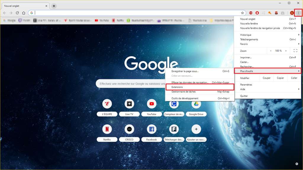 Il est possible d’accéder aux extensions en passant par le menu « Plus d’outils ». © Google