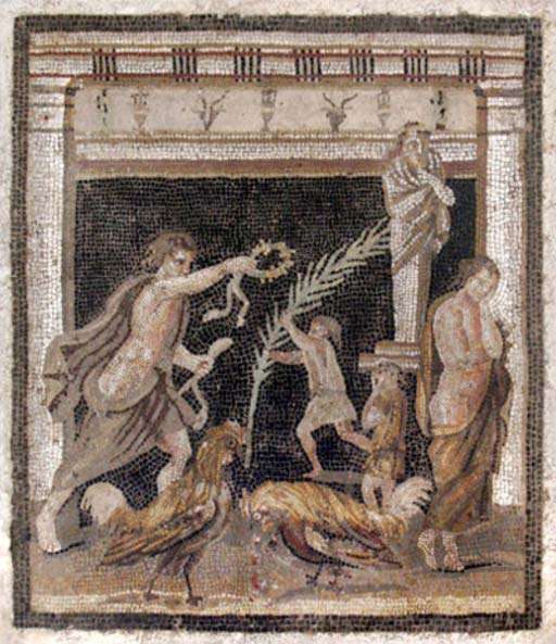 Mosaïque du IIe s. av. J.-C retrouvée dans la maison du Labyrinthe à Pompéi, montrant un combat de coqs. © Strocka 1991