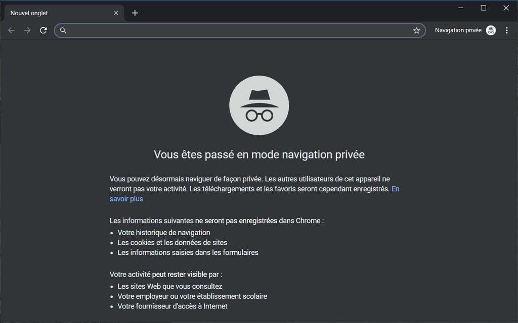 Page d’accueil de la fenêtre du navigateur en mode navigation privée. © Google Chrome