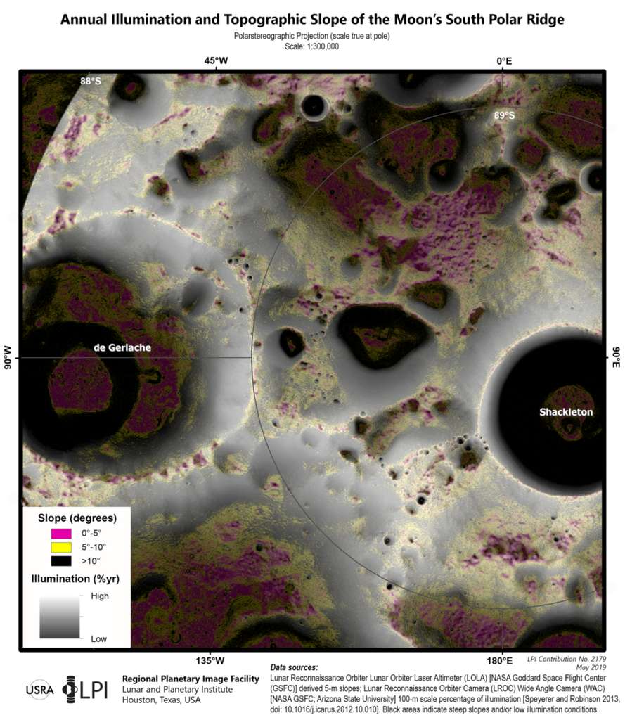 Illumination annuelle et pente topographique de la crête polaire sud de la Lune. © Nasa, Lunar and Planetary Institute 