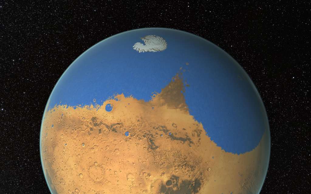 Un océan martien, empli d'eau salée, a sans doute un jour recouvert une partie de l'hémisphère nord de Mars, où les altitudes sont très basses. Toutefois, son étendue et sa durée d'existence restent hypothétiques. © Nasa, GSFC