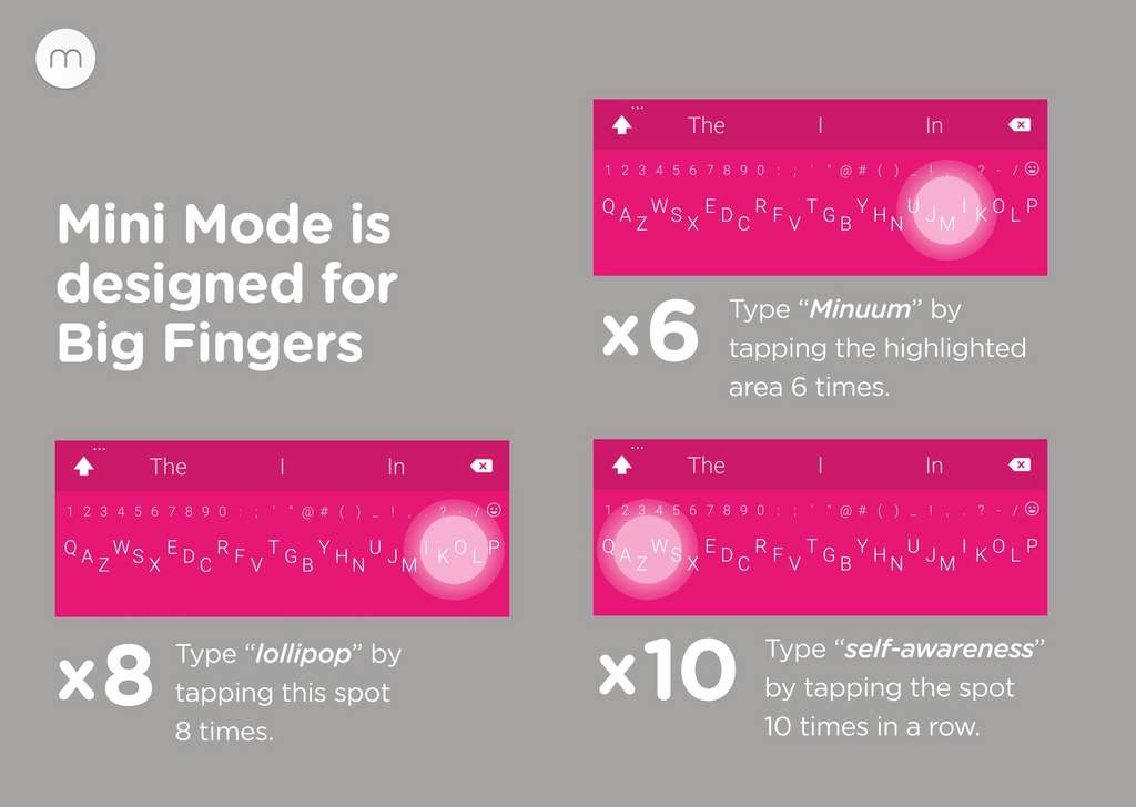 Le mode de saisie de Minuum, sur un clavier miniature, est étonnamment bien adapté aux gros doigts. © Minuum