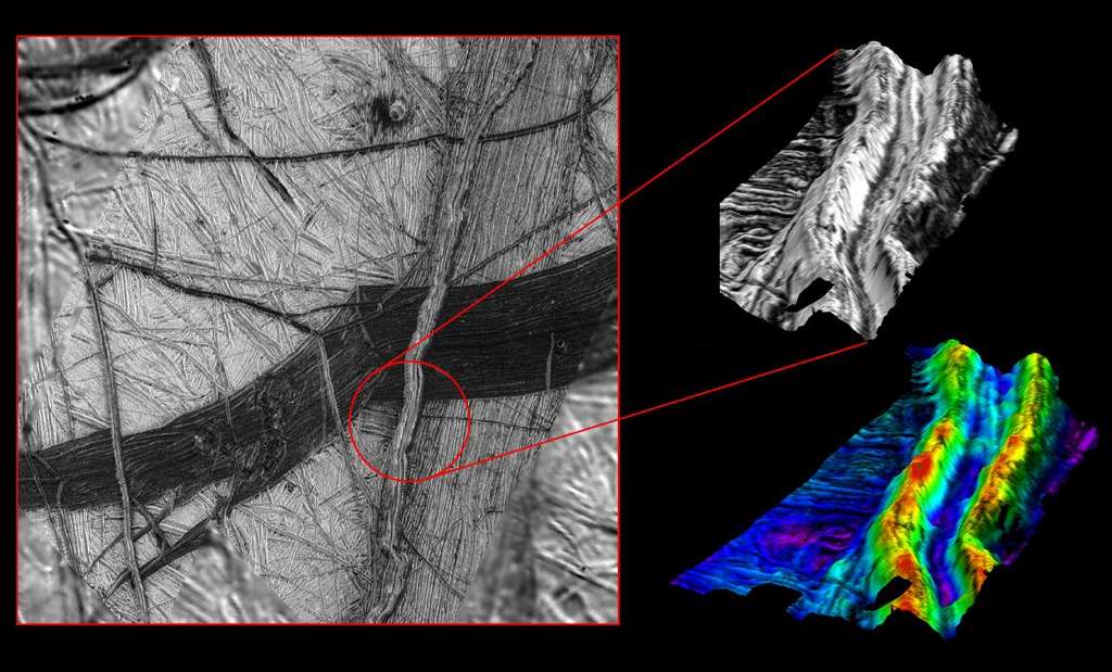 Vue en coupe, les « double-crêtes » à la surface d’Europe forment comme un « M ». Les images ont été prises par le système Solid State Imaging (SSI) du vaisseau spatial Galileo de la NASA. © Nasa, JPL, DLR