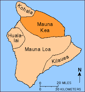 Carte de l'île principale d'Hawaï où se trouve le Mauna Kea (Crédit : USGS).